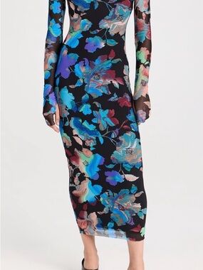 Floral Mesh Long-Sleeve Midi Dress in Multicolor